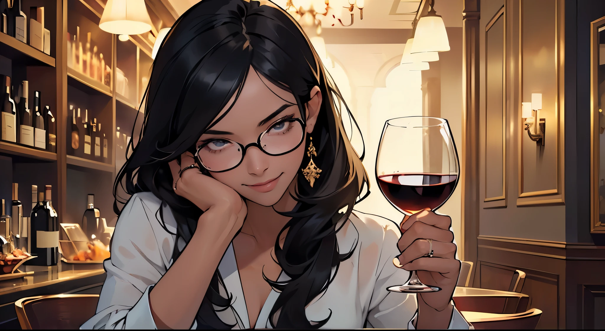 ((anatomical precision)) ,masterpiece, best quality, top quality ,Super detailed face ,Extremely delicate and beautiful , Perfect composition, extra fine hi-res, (one girl, beautiful, black hair, with glasses, with rings, sweet smiling, wine glass in one hand), in a bar, otherworldly, unusual, romantic, abstract, art, mystery, epic