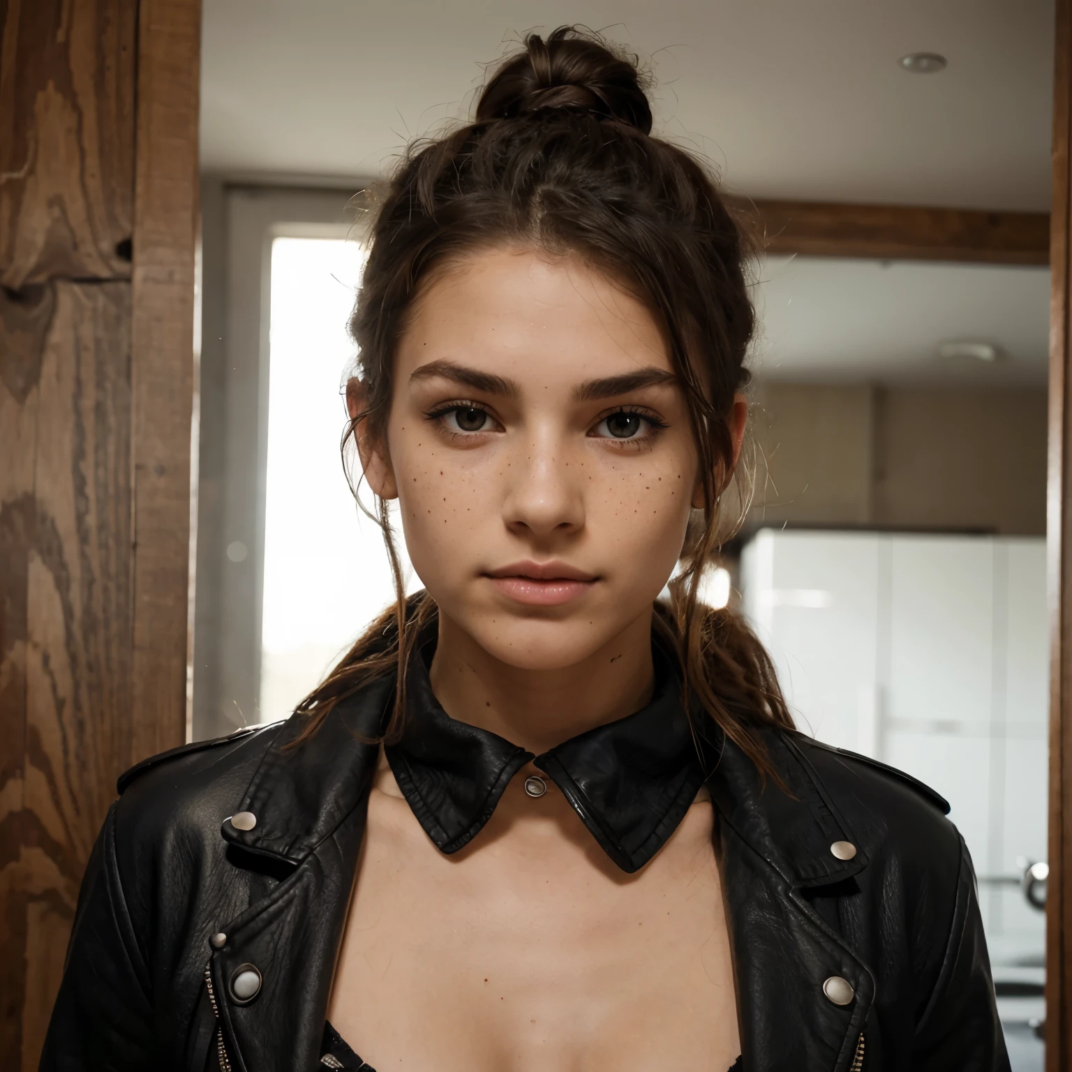 Women with androgynous face, nose piercing, small nose with freckles, freckles on the nose, pointy nose, small freckles, small lips pointy nose, perfect detailed face, facial piercings, cute freckles, piercing stare, thin button nose, buetifull, full-body view, young, attractive girl, attractive young woman, attractive woman, woman woth mullet, looking slightly, very attractive man, whetherd woman, buetifull woman, grunge looking woman, slightly tan skin, buetifull grown woman, grunge woman, wearing black leather jacket, long dark brown curly hair, curly hair, latina, teen, hair tied up in a bun some strands of hair hanging lose, buetifull young, gorgeous,