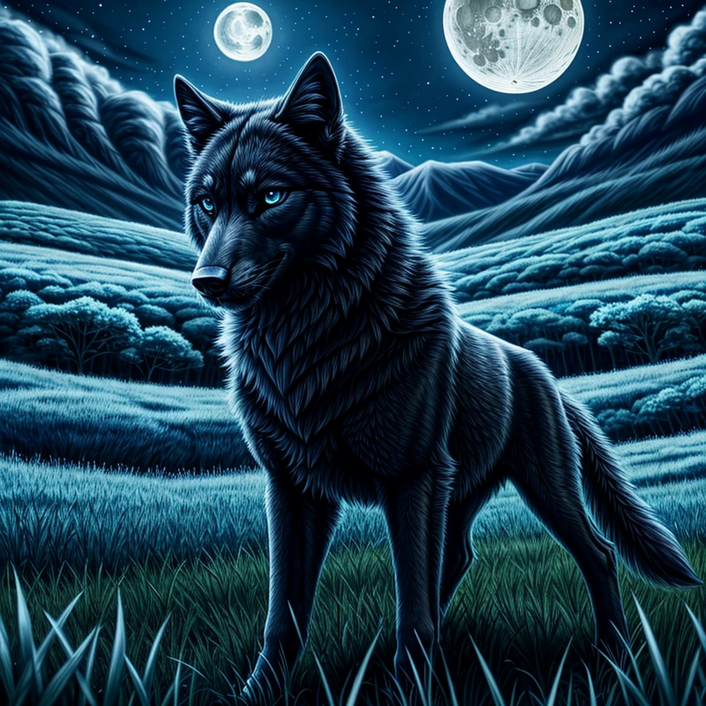 masterpiece, (best quality) , very detailed, ultra detailed ,(alone), meadow , beautiful black wolf, blue eys , night, moon, epic