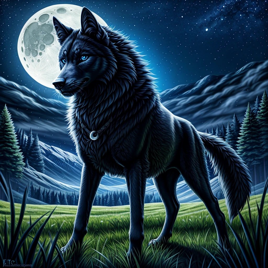 masterpiece, (best quality) , very detailed, ultra detailed ,(alone), meadow , beautiful black wolf, blue eys , night, moon, epic