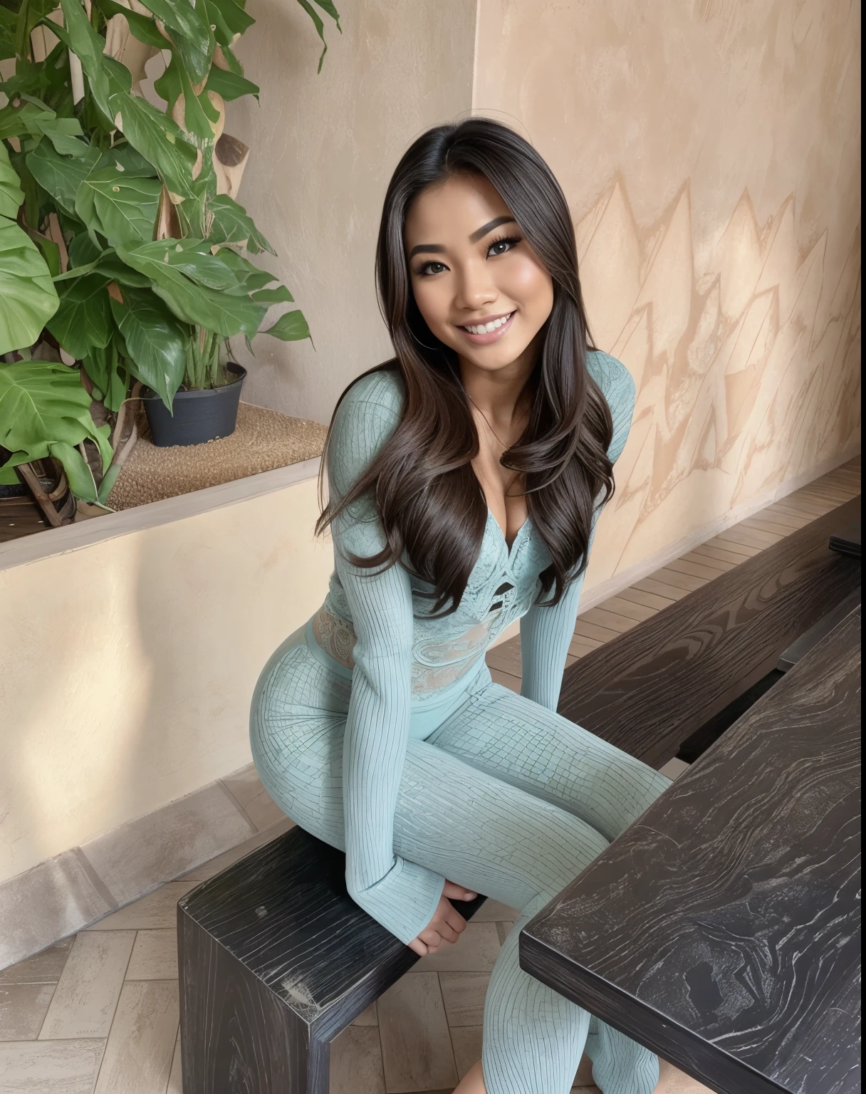 Young Thai woman, fit physique, fitness physique, wearing sexy black lingerie sitting on the couch with legs open, corps sexy, (8K), (best quality), (chef-d&#39;artwork:1.3), (Realistic), (photorealistic:1.34), Ultra-detailed, [Beautiful detailed eyes], (sourire), (sourire), (beautiful nose detailed), [very long blonde hair], (haut court), lingerie noire, (superbes seins taille normale), (Gros plan), Profondeur de champ, full body view, sitting on sofa, legs spread, montrant l&#39;entrejambe, pieds en l'air