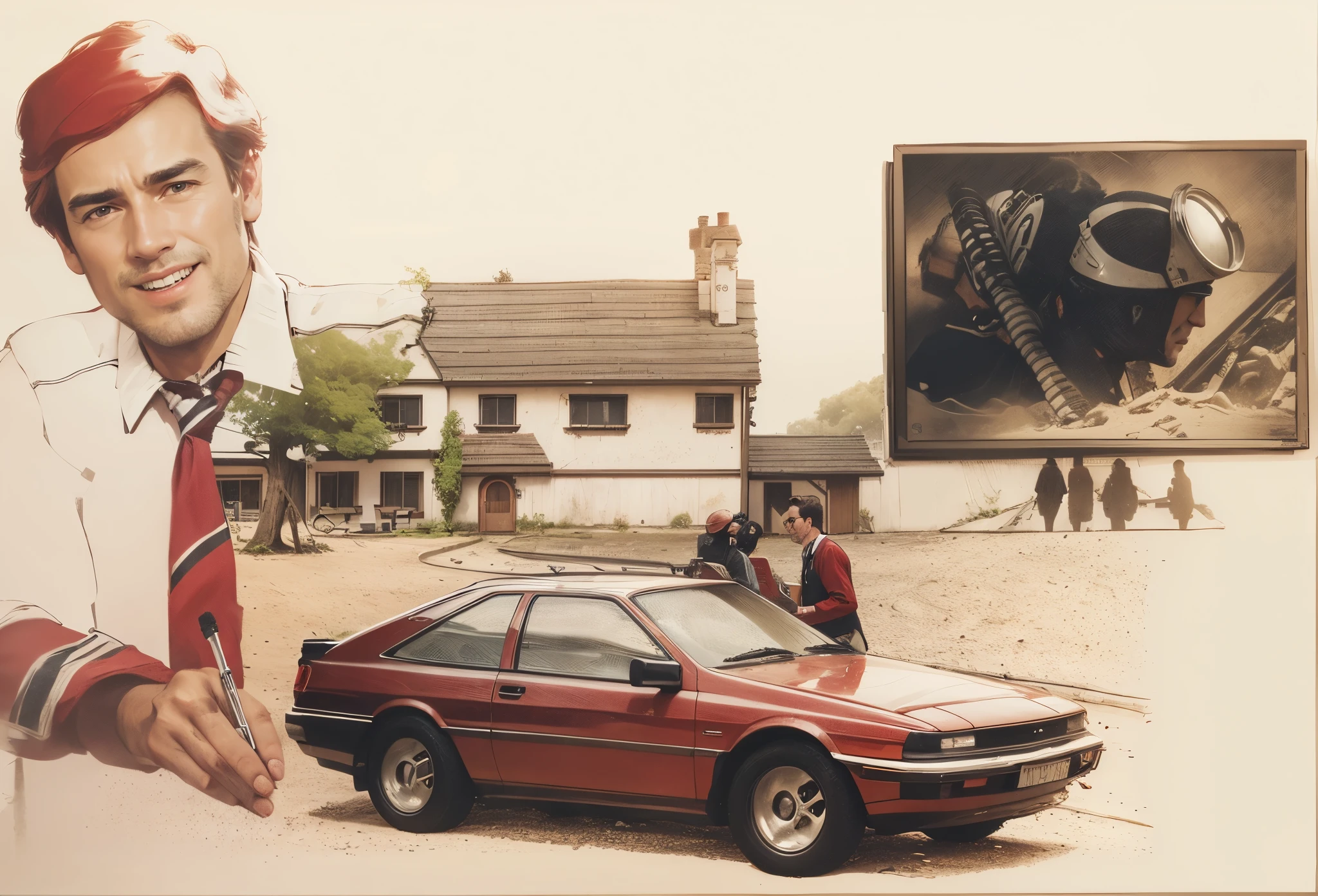 A modern red car with a couple behind it, a business man and a house behind and a photo of a scuba man diving