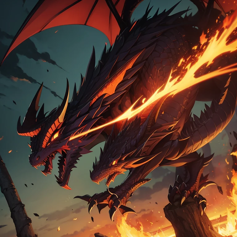 Animation,high quality,malefic dragon,seting a tree in fire