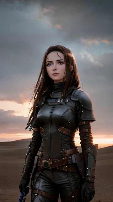 a woman in a leather outfit standing in a field, in the 2 0 2 1 movie dune, film still from dune 2020, film still from movie dune-2021, scene from dune 2 0 2 1 movie, in leather armor, in an arena in movie dune-2021, ana de armas as joan of arc