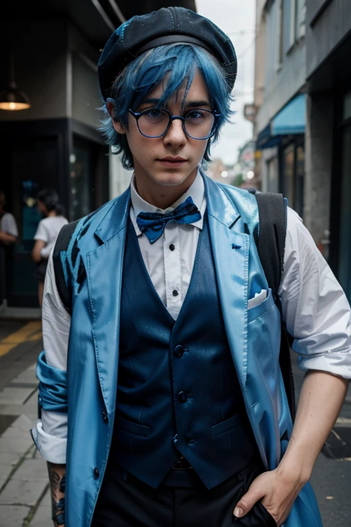 A cartoon style boy with blue messy hair, catlike face, blue suit with black vest, holographic alien trendy hat and white round glasses