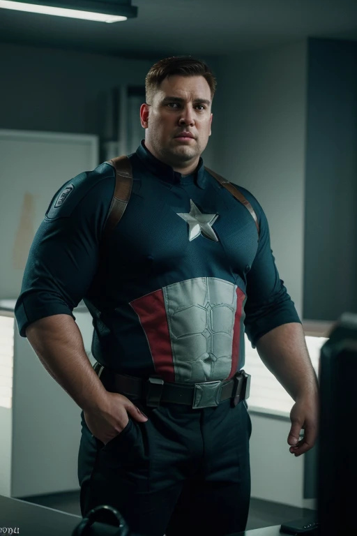 (best quality,4k,8k,highres,masterpiece:1.2),ultra-detailed,(realistic,photorealistic,photo-realistic:1.37),Obese Captain America,heroic pose,confused expression, appearing on a television screen,vibrant colors,studio lighting