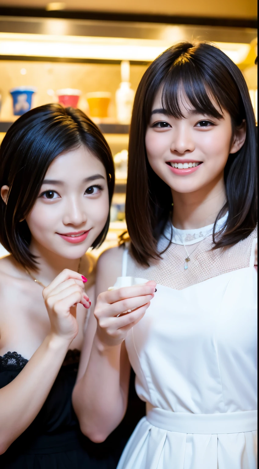 Best-quality, Masterpiece, Ultra-High-Resolution, (Photorealistic:1.4), Raw-Photo, lesbian-couple, having a lot of fun at cake-shop, detailed cake-shop, both looking at cakes, both innocent smile, Various types of cakes lined up in showcase, both extremely beautiful big-black-eyes, extremely beautiful face, extremely cute face, extremely beautiful hair, black-short-cut-haired, brown-long-haired, -yeld ande most popular Japanese idol, 25-years-old and the