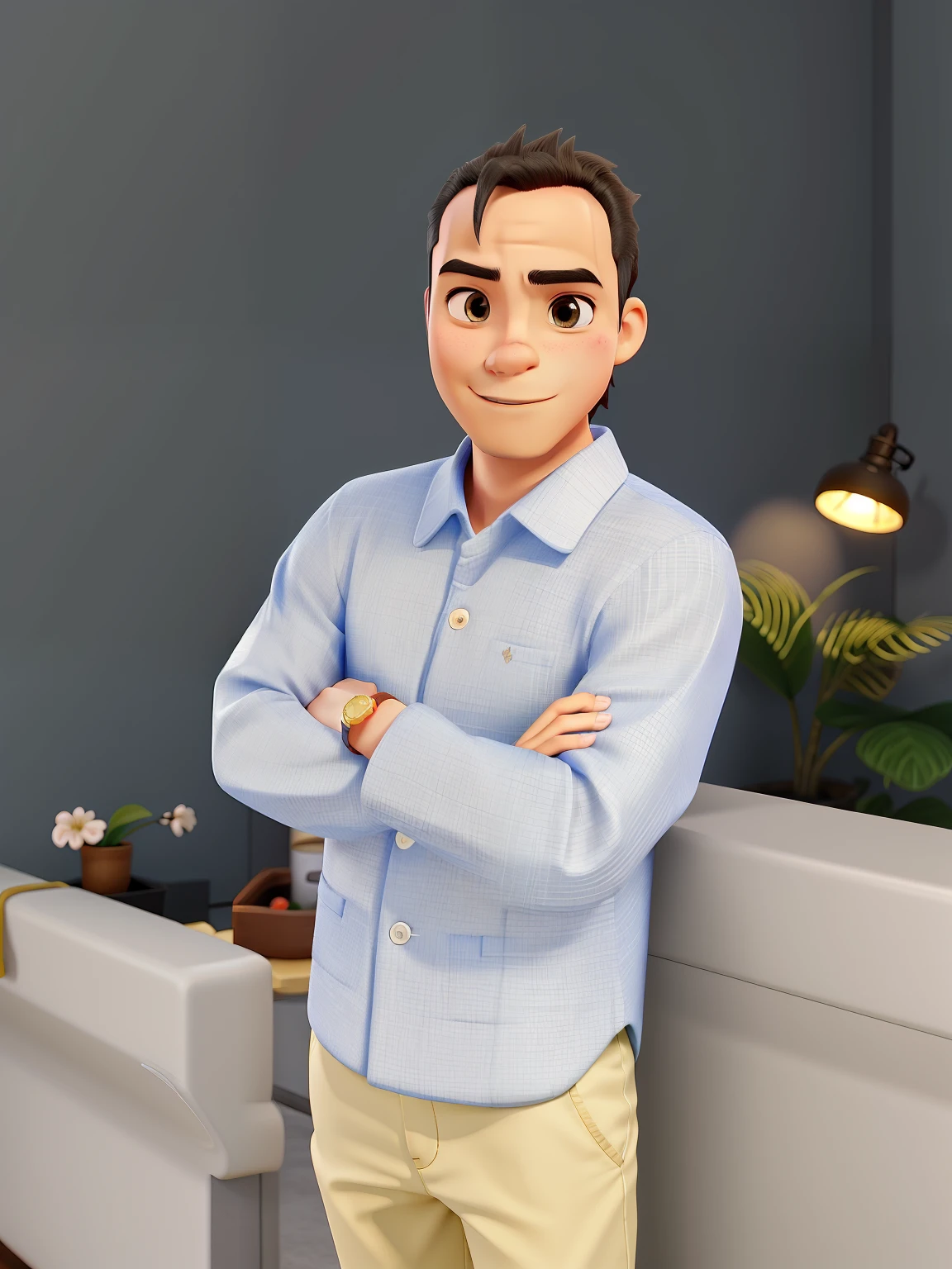 personagem dos desenhos animados de um homem jovem com bigode, barba e cabelo no estilo americano, with a black t-shirt standing making a pose and in the background his advertising office, Caractere estilizado, animation style rendering, 3D estilizado, Arnold Maya render, 3 d render stylized, toon render keyshot, Personagem 3D, Personagem 3D, 3d rendering stylized, 3 d character render, personagem de desenho animado, Personagem de close up, Pose de personagem, (Estilo Pixar) (master part:1.2) (Bokeh) (melhor qualidade) (pele detalhada) (textura detalhada) (8k) (argila) (Cinematic lighting) (foco nítido