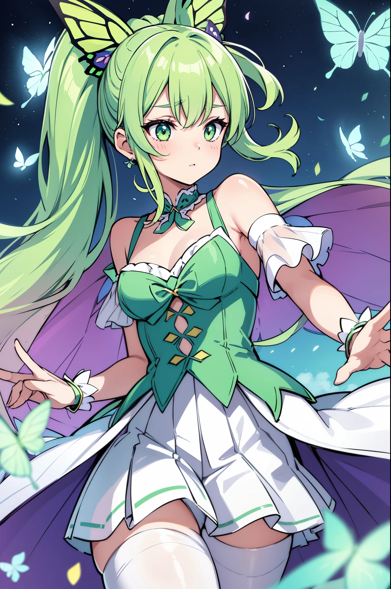 1girl, (green butterfly ears:1.1), (pastel green hair), (wavy ponytail), (luna moth), (curly ponytail), (violet hair ribbon), (dynamic pose), (colorful idol costume), (luna moth aesthetic), (mini skirt), (white pantyhose), (green butterfly wings:1.3), (dynamic angle), more_details:-1, more_details:0, more_details:0.5, more_details:1, more_details:1.5, glowify, more prism, vibrant color, jewelry background, floating gems, floating glass pieces