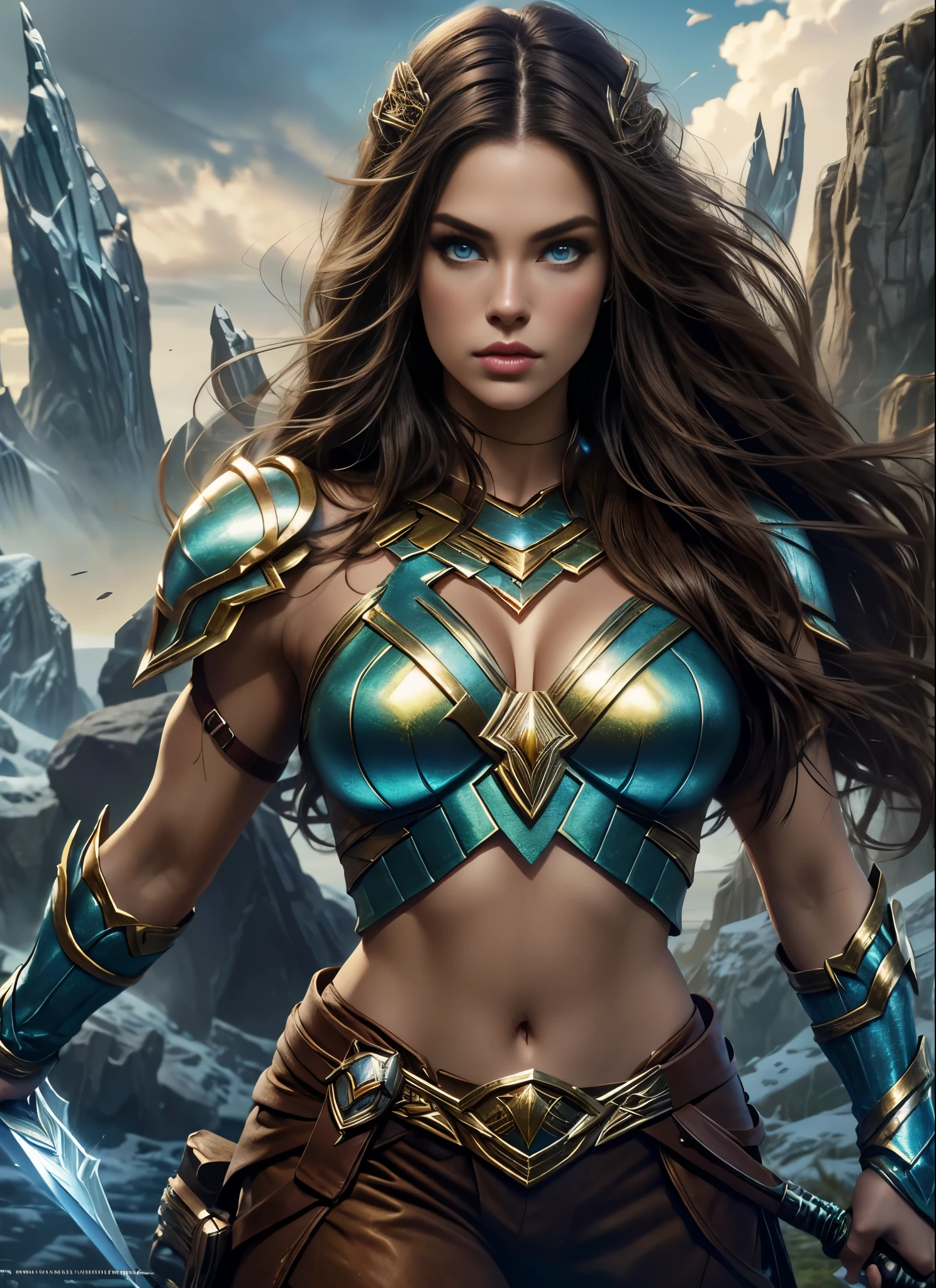 Alison Tyler as a Asgard valkyrie,blue eyes, long brown hair, perfect body, Senhora Cavaleiro,Anatomia correta,holding a magical big sword, epic fantasy digital art, masterpiece,8k,high-definition resolution,desenho detalhado,Qualidade Superior,, Epic composition