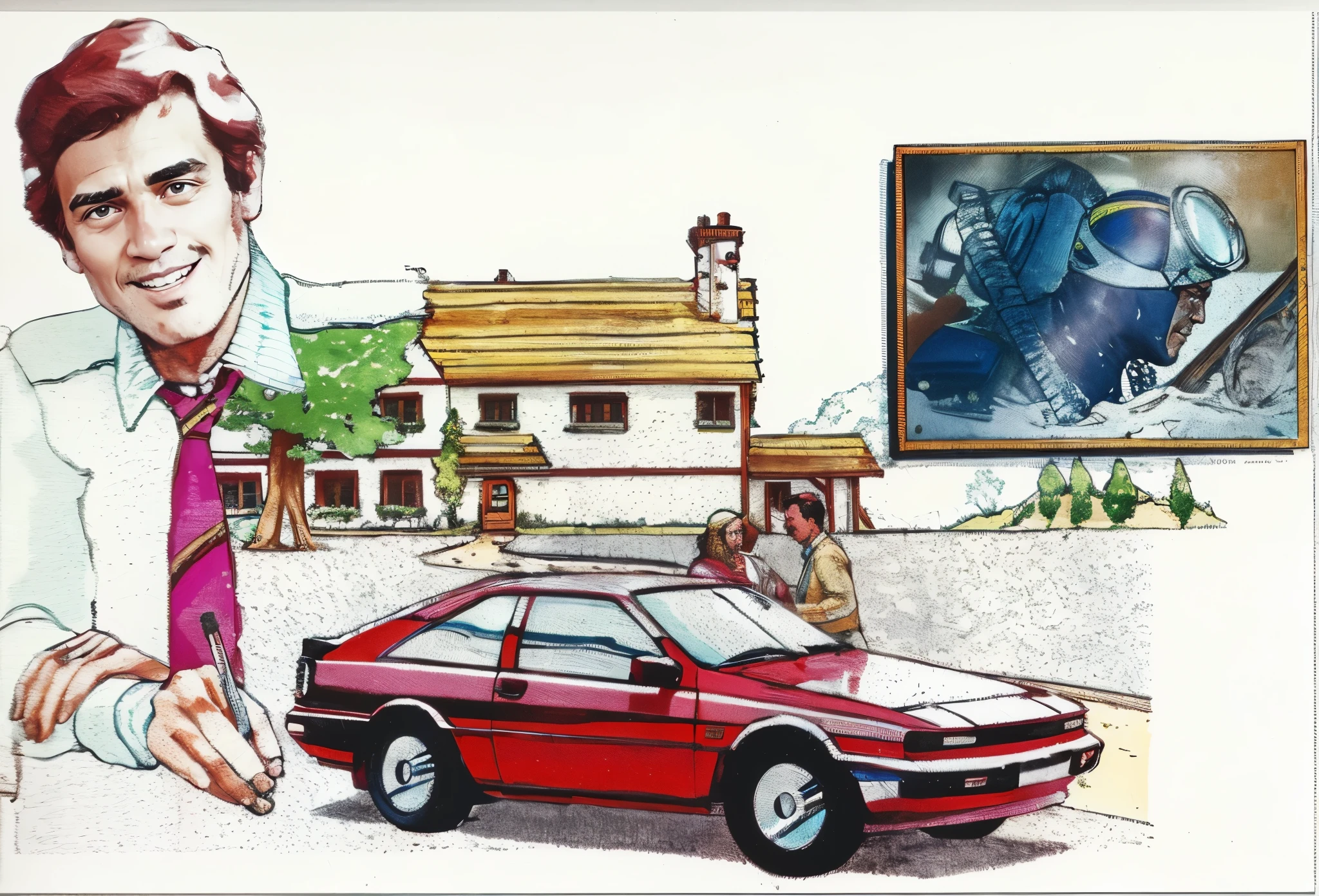 A modern red car with a couple behind it, a business man and a house behind and a photo of a scuba man diving