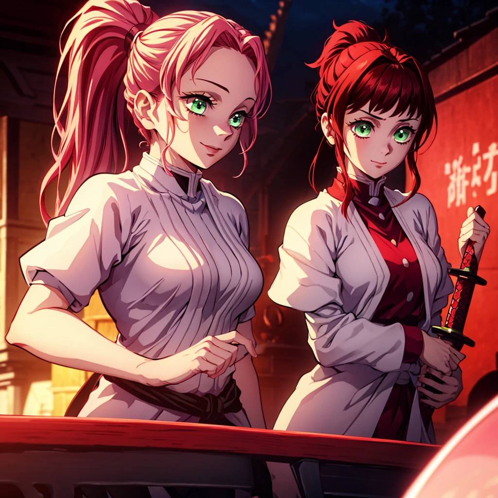 young woman, medium breasts, Red hair, green eyes, hearts in the pupils, a sword, a sword с сердечками, red and pink kimano, red pink light clothing, hair tied into a ponytail, nice smile, looks at the camera, One girl, in the city, a sword в руках, a sword с сердечками. hearts in the eyes. 