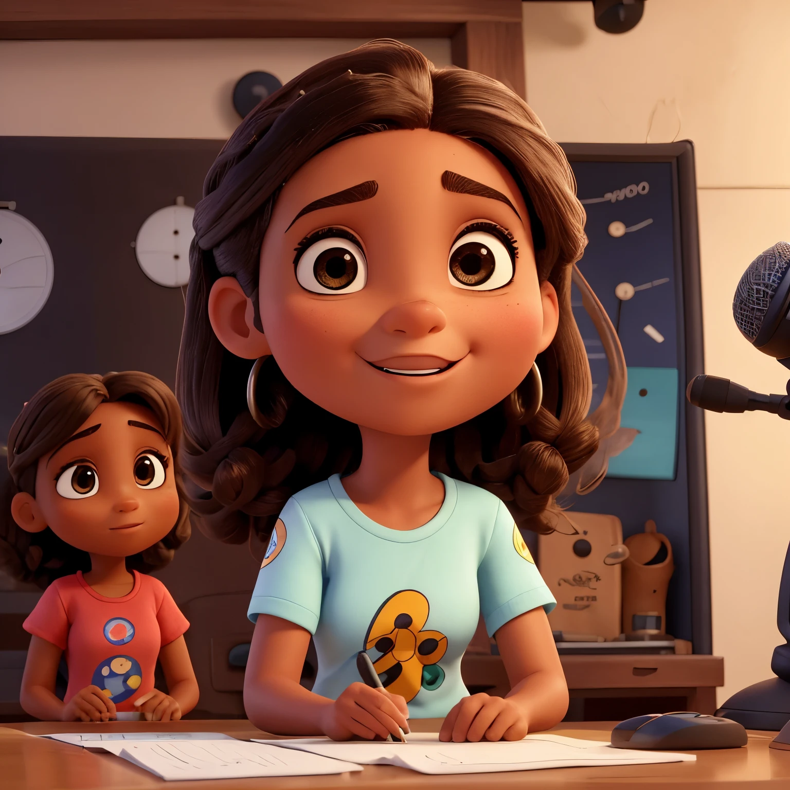 Crie um post estilo pixar. In the center of the post is a 35-year-old man, de pele morena, careca, de olhos castanhos escuros, round head, sem barba,playing the keyboard and singing with a microphone and on the right side of the man is a 30 year old woman,pele clara, cabelo liso e curto, cabelo castanho e solto,olhos castanhos, rosto redondo, cantando com microfone.On the man&#39;s left side is a 6--old l, pele morena, cabelo cacheado e castanho, cantando no microfone