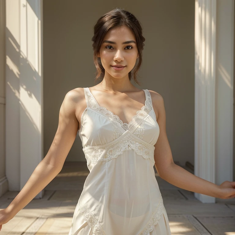 beautiful girl with a confident expression on her face, soft lighting, bright colors, high contrast, dynamic composition, captivating gaze, thin smile,Serene and peaceful background, elegant and graceful movements, Impeccable attention to detail, Subtle touches, intricate patterns, Delicate lace accents, realistic rendering, Strong emotion, feminine charm,instagram model,city lady style