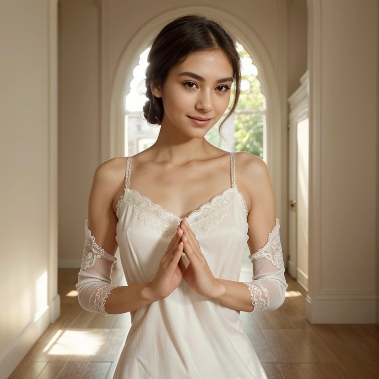 beautiful girl with a confident expression on her face, soft lighting, bright colors, high contrast, dynamic composition, captivating gaze, thin smile,Serene and peaceful background, elegant and graceful movements, Impeccable attention to detail, Subtle touches, intricate patterns, Delicate lace accents, realistic rendering, Strong emotion, feminine charm,instagram model,city ​​lady style