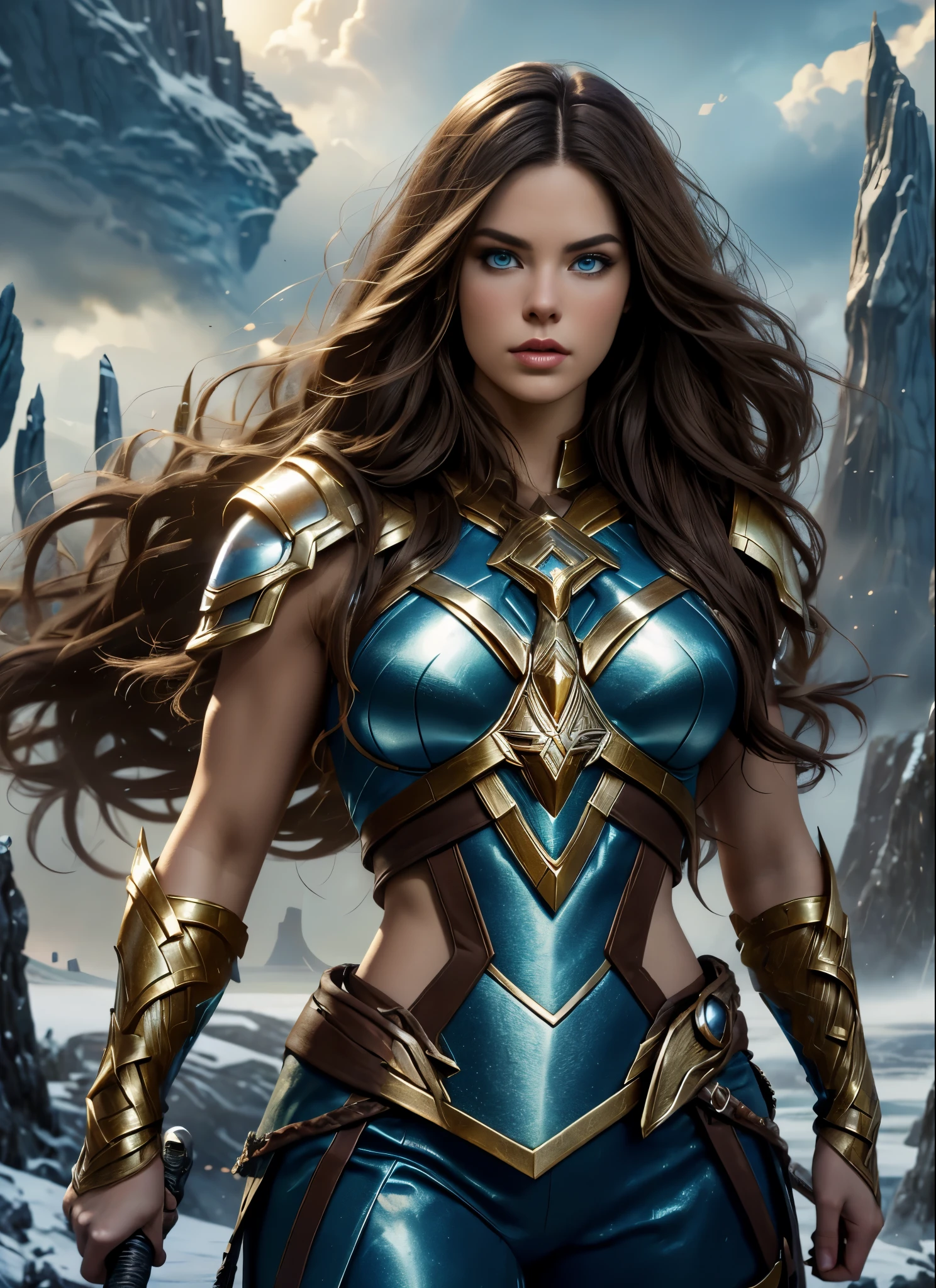 Alison Tyler as a Asgard valkyrie,blue eyes, long brown hair, perfect body, Senhora Cavaleiro,Anatomia correta,holding a magical big sword, epic fantasy digital art, masterpiece,8k,high-definition resolution,desenho detalhado,Qualidade Superior,, Epic composition