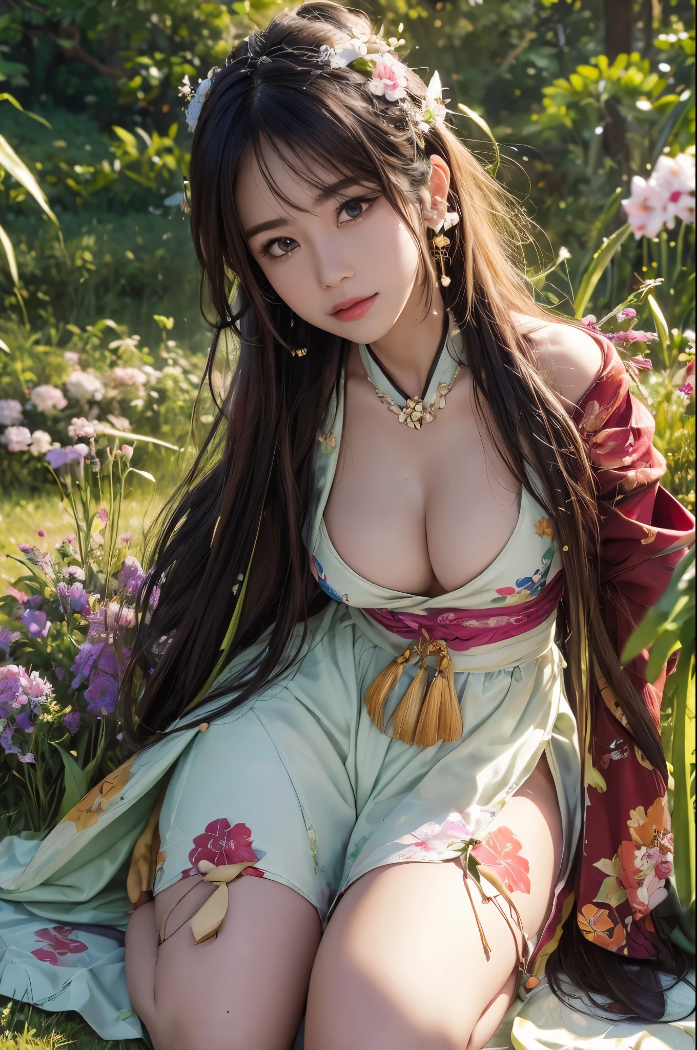 (best quality,4k,8k,highres,masterpiece:1.2),Exotic,(Beautiful breasts), Colorful colors, bright light, woman sitting, Traditional Japanese clothing, grass, field, japanese flowers, serenade, fondness, peaceful, brooding, photography style lighting, slim portrait lighting fixture,Detailed image, Oriental aesthetics