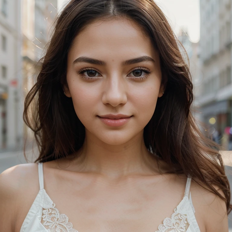 beautiful girl with a confident expression on her face, soft lighting, bright colors, high contrast, dynamic composition, captivating gaze, thin smile,Serene and peaceful background, elegant and graceful movements, Impeccable attention to detail, Subtle touches, intricate patterns, Delicate lace accents, realistic rendering, Strong emotion, feminine charm,instagram model,city lady style
