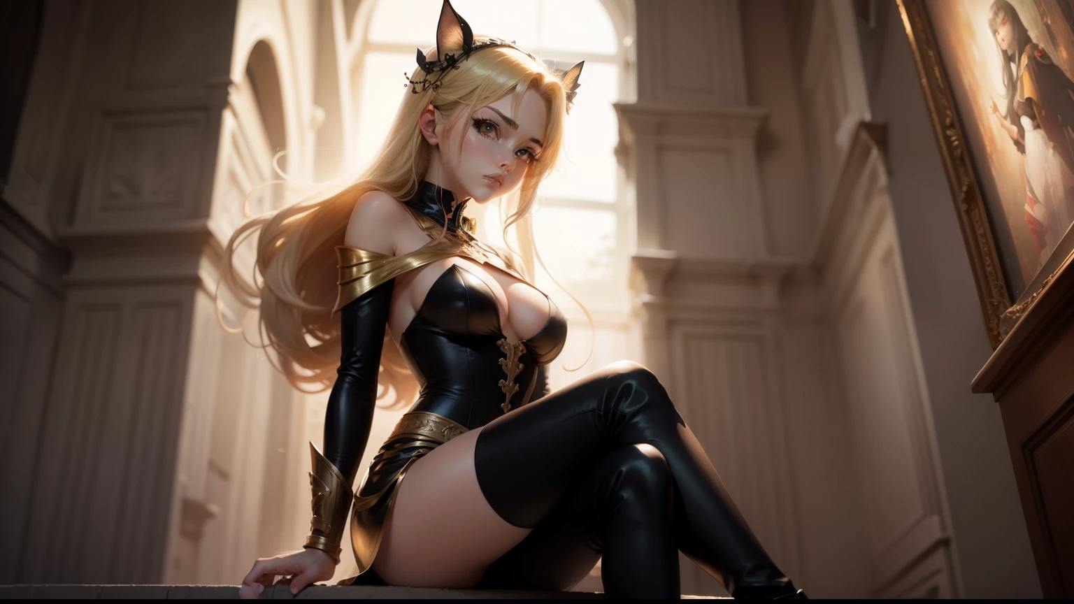 a woman in a black and gold outfit sitting on a ledge, blonde garota de anime com cabelo comprido, deusa dos animes, portrait of a female anime hero, sedutor elfo princesa cavaleiro, garota anime sedutora, personagem feminina de anime, linda mulher de anime sedutora, arte oficial do anime, garota de anime com cabelo comprido, arte principal do anime, light novel epic art cover