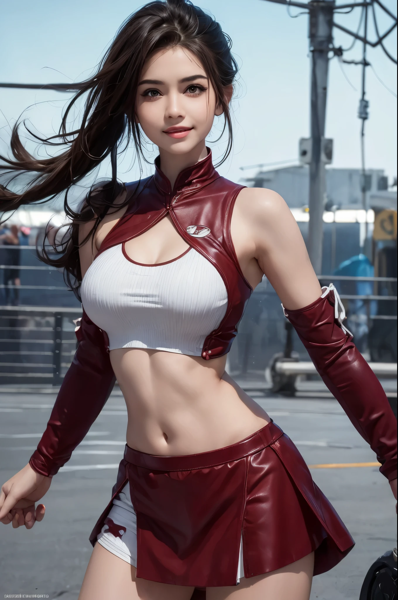 (best quality,highres,ultra-detailed:1.2),a beautiful girl in a fighting video game costume lying semi-side on the arena with a smile,fighter costume,fighting video game character,smiling face,detailed eyes,detailed lips,arena,game character,fighter,video game,semi-side position