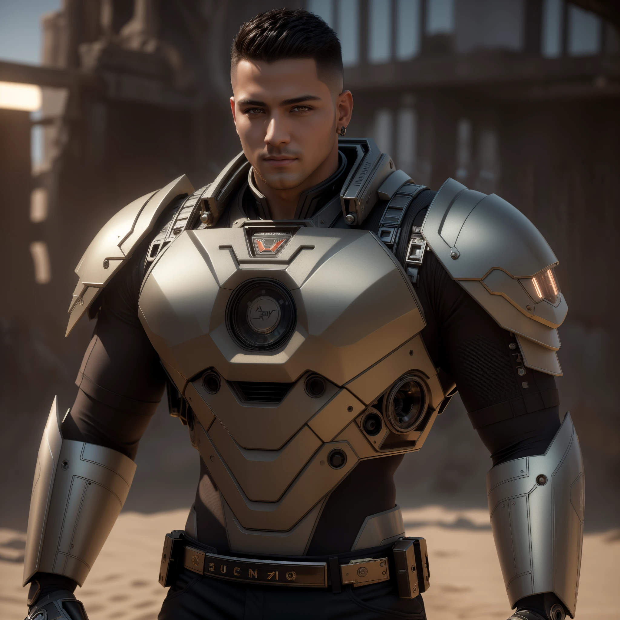 Realistic, ((Masterpiece)), ((Best quality)), (Detailed), Cinematic, Dynamic lighting, soft shade, Detailed background, Professional photography, Depth of field, Intricate, Detailed face, Subsurface scattering, photo-realistic hair, Realistic eyes, Muscular, Manly, buzz cut,Handsome photo (Latino men), Mecha 4RMOR, Wear mechanical Hanfu, Glowing, Dynamic pose, Desert background,Stubble, Pants,