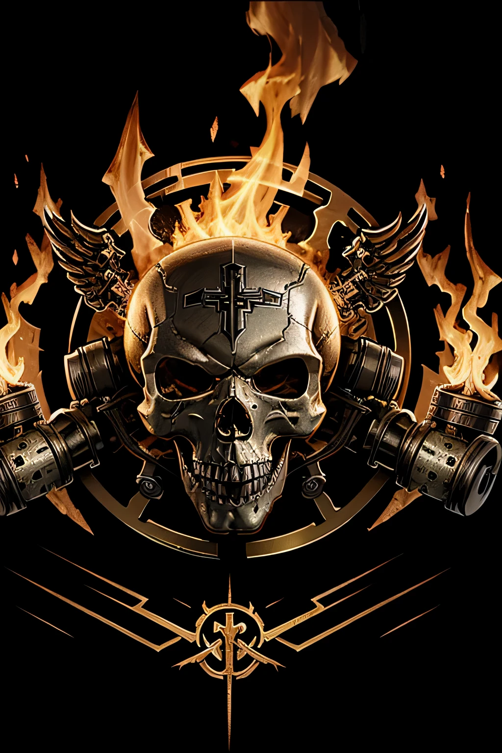 Gaming Team Logo, Mechanical Metallic Skull, Crosses Flaming Pistons Behind, Flames, Combustion