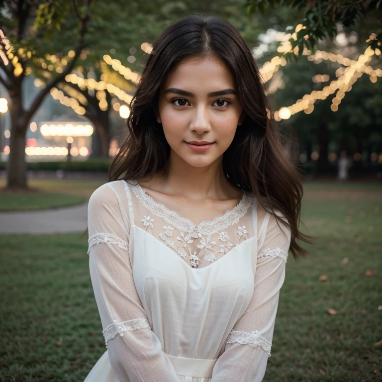 beautiful girl with a confident expression on her face, soft lighting, bright colors, high contrast, dynamic composition, captivating gaze, thin smile,Serene and peaceful background, elegant and graceful movements, Subtle touches, Delicate lace accents, realistic rendering, Strong emotion, feminine charm,instagram model,posing in the park in the night light