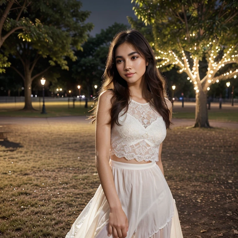 beautiful girl with a confident expression on her face, soft lighting, bright colors, high contrast, dynamic composition, captivating gaze, thin smile,Serene and peaceful background, elegant and graceful movements, Subtle touches, Delicate lace accents, realistic rendering, Strong emotion, feminine charm,instagram model,posing in the park in the night light
