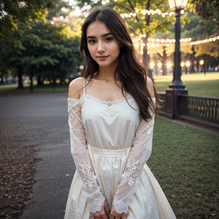 beautiful girl with a confident expression on her face, soft lighting, bright colors, high contrast, dynamic composition, captivating gaze, thin smile,Serene and peaceful background, elegant and graceful movements, Subtle touches, Delicate lace accents, realistic rendering, Strong emotion, feminine charm,instagram model,posing in the park in the night light