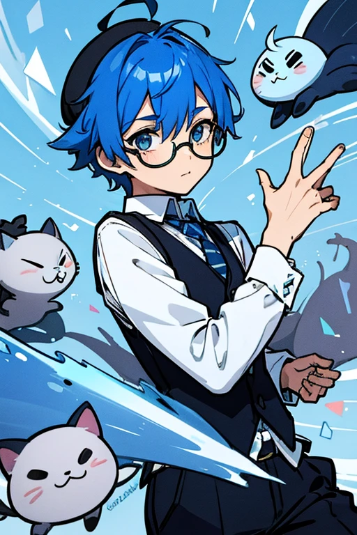 A cartoon style boy with blue messy hair, catlike face, blue suit with black vest, holographic alien trendy hat and white round glasses