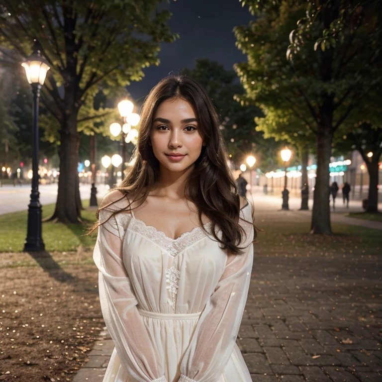 beautiful girl with a confident expression on her face, soft lighting, bright colors, high contrast, dynamic composition, captivating gaze, thin smile,Serene and peaceful background, elegant and graceful movements, Subtle touches, Delicate lace accents, realistic rendering, Strong emotion, feminine charm,instagram model,posing in the park in the night light