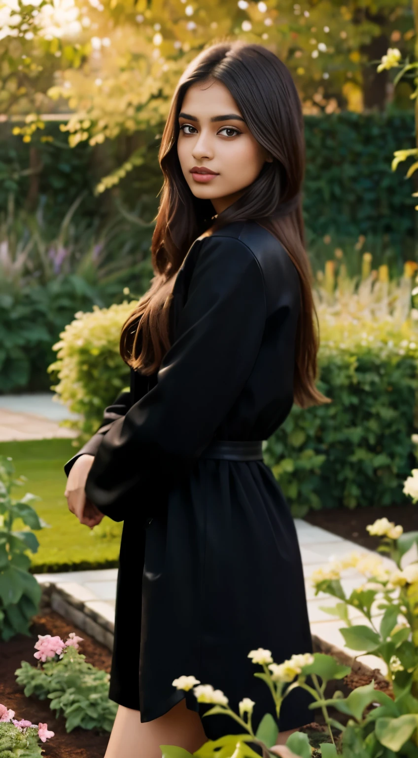 1girl, beautiful 22 year old Indian woman, black mid-length hair, hazel eyes, posing in a garden, perfect masterpiece wearing leather jacket