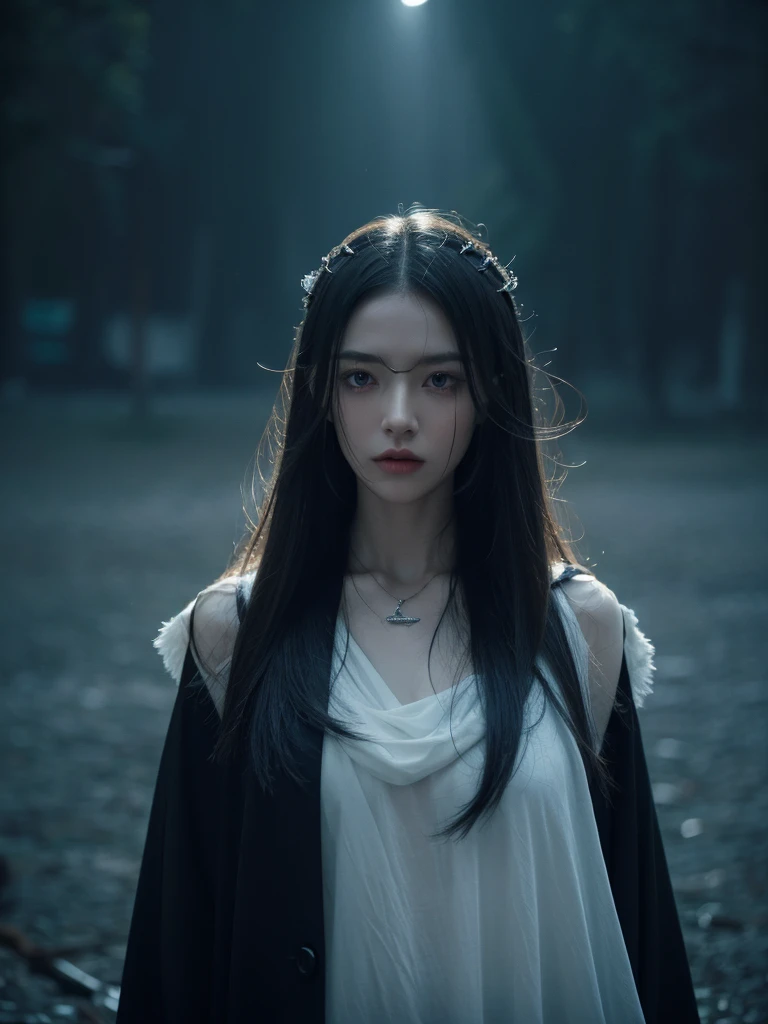 a night scene in a beautiful fantasy forest, a mysterious girl with long silver hair and glowing eyes standing among the trees, (1girl, detailed face, beautiful detailed eyes, beautiful detailed lips, extremely detailed, delicate features), moonlight shining through the branches, (detailed environment, detailed foliage, detailed trees, mist, fog, glowing mushrooms, glowing fireflies), (best quality, 8k, highres, masterpiece:1.2), (fantasy, dark fantasy, moody, cinematic lighting, dramatic lighting), (cool colors, blue tones, deep shadows)