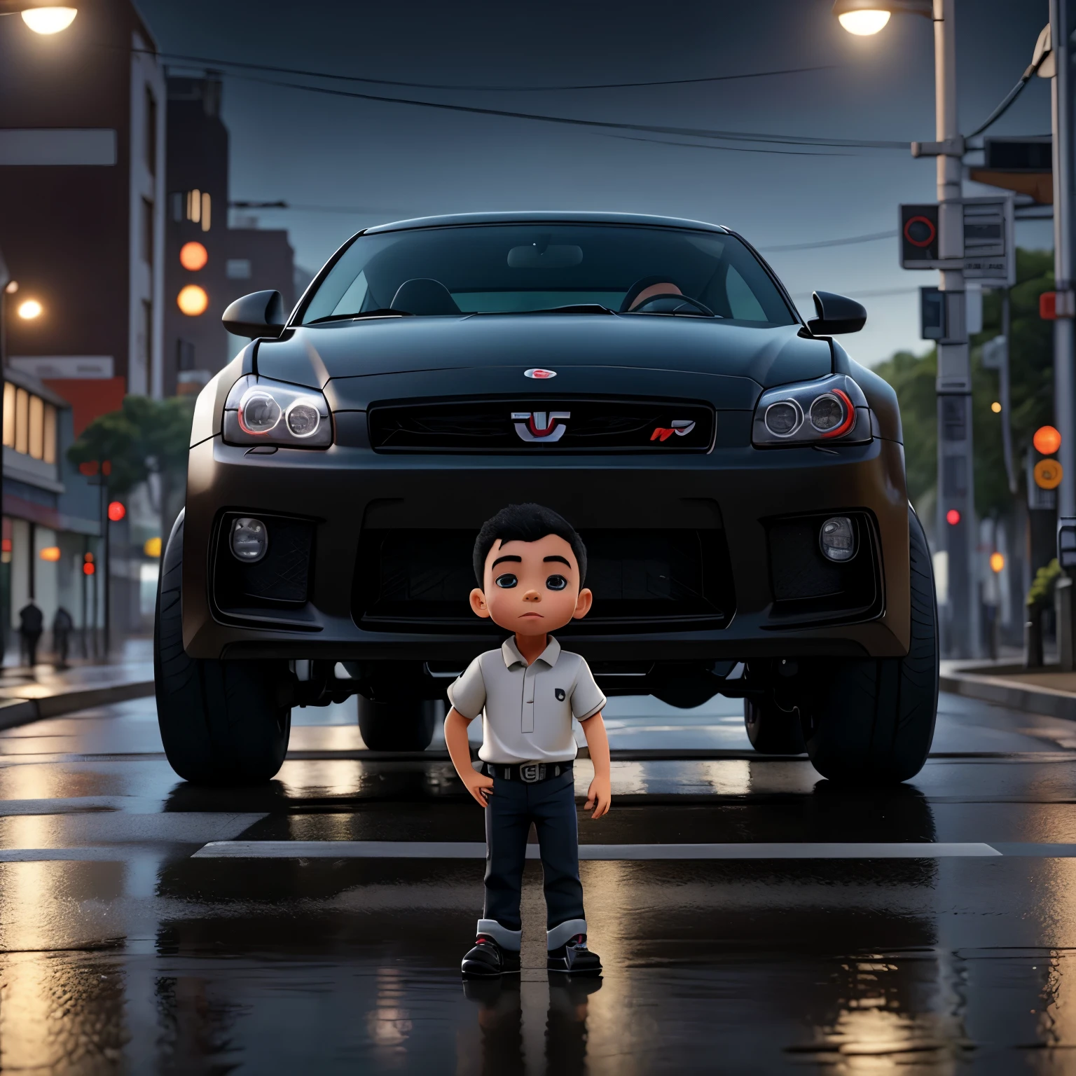 Describe the scene of a bald Japanese , wearing a black polo and jeans, standing on the sidewalk on a rainy night. He is looking at a shiny GTR R35 car passing on the road., Your admiration visible in your eyes. The light from the headlights reflects on the puddles of water around you, enquanto a chuva cai suavemente sobre ele. O som do motor potente ecoa no ar, misturando-se ao som da chuva. The boy remains motionless, captured by the elegance and speed of the car, dreaming of the day when you can be behind the wheel of such an impressive machine.