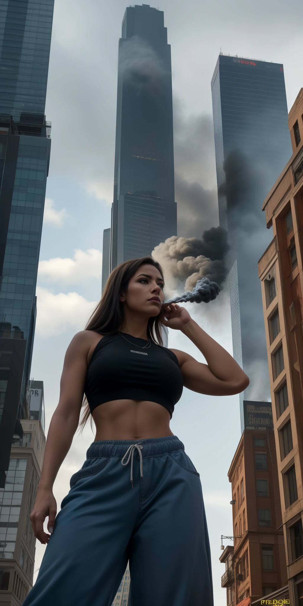 "A towering Giantess in a cool and laid-back hippie style is rocking a crop top and baggy pants. Her toned and athletic build hints at her massive strength. She seems to be casually strolling through the bustling cityscape of GTS City, as towering buildings loom overhead. Smoke and clouds roil around her, adding to the sense of epic scale and drama. The lighting is dark, gloomy, and realistic, creating a tense and ominous atmosphere. The perspective is from below, emphasizing the sheer majesty and power of the Giantess."