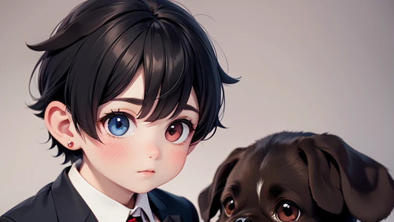 black hair, handsome boy , dog ear, black suit, red tie, earings, heterochromia eyes, horned, middle part hair,