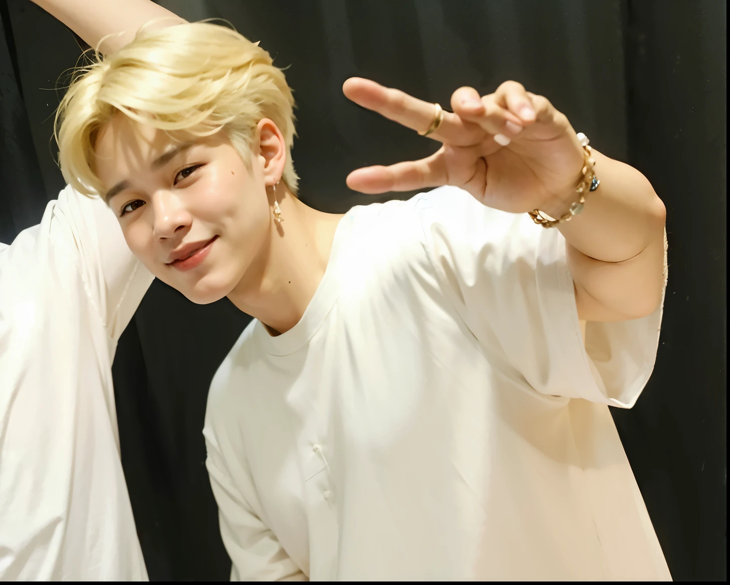 two young people posing for a photo with their hands up, park Jimin, Jimin\the full lips, Jimin, accurate Jimin face, Jimin\o nariz grego, park jimin, Jimin\the right eyelid is swollen, min ji, jimin de cabelo loiro, jimin park, adorable and pale korean face, jimin, BTS, park jimin, shy smile