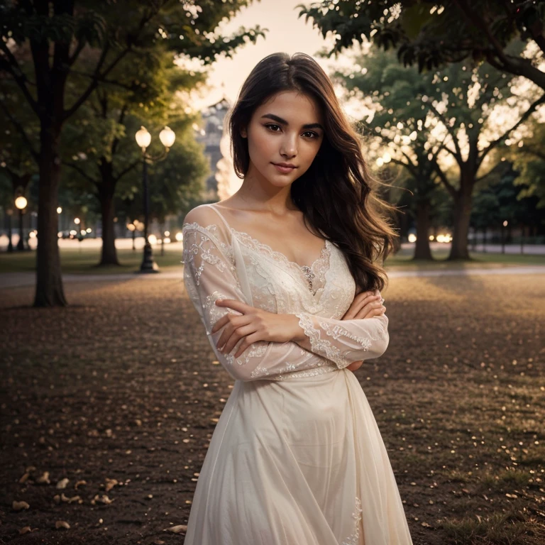 beautiful girl with a confident expression on her face, soft lighting, high contrast, dynamic composition, captivating gaze, thin smile,Serene and peaceful background, elegant and graceful movements, Subtle touches, Delicate lace accents, realistic rendering, Strong emotion, feminine charm,instagram model,posing in the park in the night light