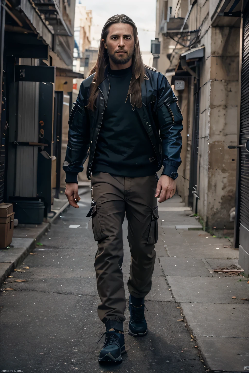 extremely detailed CG unity 8k wallpaper, Best quality, Ultra-detailed, Masterpiece, Realstic, photo realist, extremely detailed bad boys, boy with long hair brown, blue eyes, skynni skin, cargo pants, style techwear, with knife, 3-day beard