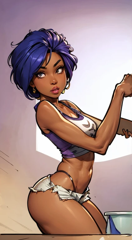 ((masterpiece, best quality)),(complex lighting) , solo, 1girl, clementine, thewalkingdead, dark skin,dark-skinned female, short twintails, on pool, in tight two pieced swimsuit, highlighted cameltoe between legs, little brat, barefeet, thicc butt , (((8k))), (((full body))), (((bent over))), (((looking at the viewer))), embarrassed, from below, from back, cowboy shot, spread legs, dutch angle, ,High-quality facial beauty,
