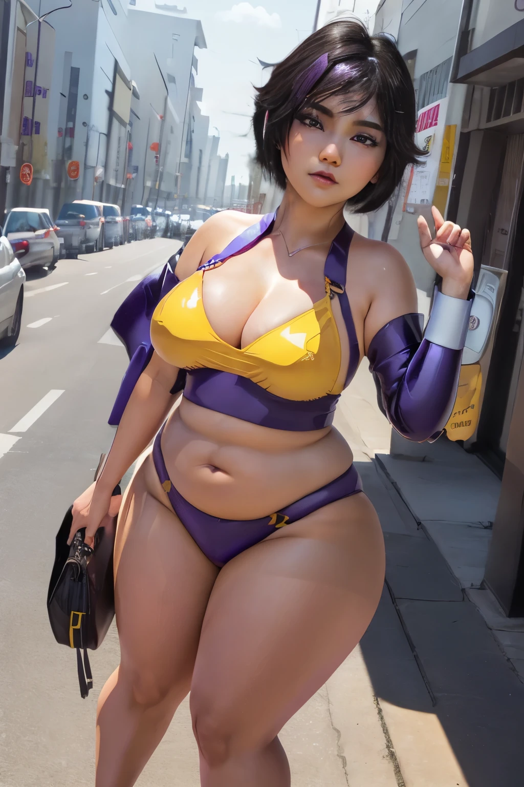 masterpiece, (photorealistic), (8k wallpaper), (best quality), perfect quality, solo, (detailed eyes), girl, Gogo Tomago, part-purple hair, very beautiful, young, pose: (sexy pose, shy pose, ashamed, standing), face : (young, perfect face, thin face, detailed face, (simmetric face), very beautiful face, asian, Japanese, very beautiful, cute face, young, big eyes) , figure: ( very full body, very full figure, big breasts, very curvy, very thicc, very chubby, very chubby belly, very chubby belly bottom, muffin top, love handles, got fat, very thick, wide waist, overhanging belly, big deep navel, very soft, very curvy, wide hips, sexy curves, sexy, fat ass, very thick thighs, thunder thighs) , clothes : (tight yellow bikini)