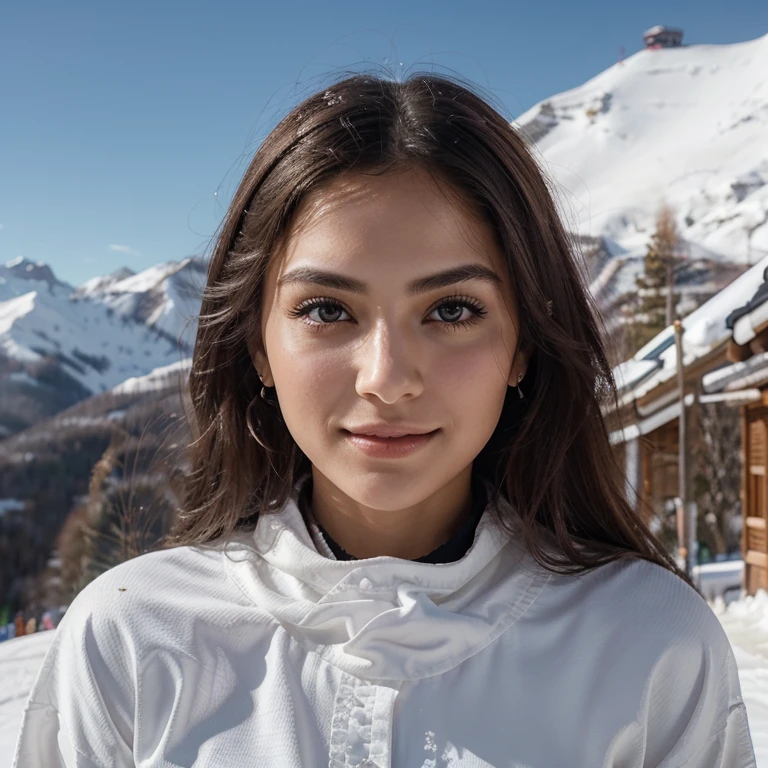 beautiful girl with a confident expression on her face,high contrast, dynamic composition, captivating gaze, thin smile,Serene and peaceful background, elegant and graceful movements, Subtle touches, Delicate lace accents, realistic rendering, Strong emotion, feminine charm,instagram model,posing on the ski slope in the clothes necessary for skiing