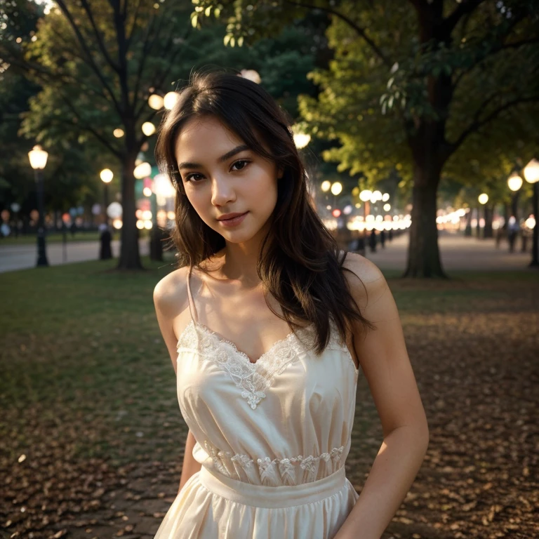 beautiful girl with a confident expression on her face, soft lighting, high contrast, dynamic composition, captivating gaze, thin smile,Serene and peaceful background, elegant and graceful movements, Subtle touches, Delicate lace accents, realistic rendering, Strong emotion, feminine charm,instagram model,posing in the park in the night light