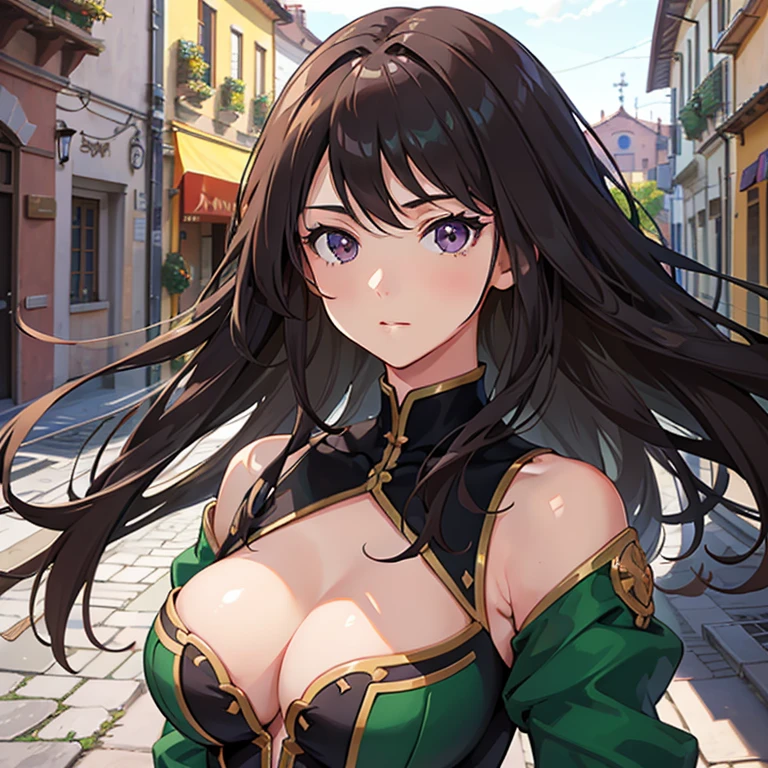 High quality masterpiece, anime-style Italian girl, solo, radiant purple eyes, light brown medium length wavy hair, wearing a green and black sleeveless blouse and jacket, controlled the wind with her powers, intricately detailed, realistic, ultra-detailed, (shiny skin: 1.2), expressive, gazing into the distance, delicate features, neat and tidy, 4k resolution, sharp focus, depth of field, fine pupils with a subtle light reflection, curvy physique, Italy as the backdrop, bright and vivid colors, captivating, inspired by Italian culture, anime aesthetic.