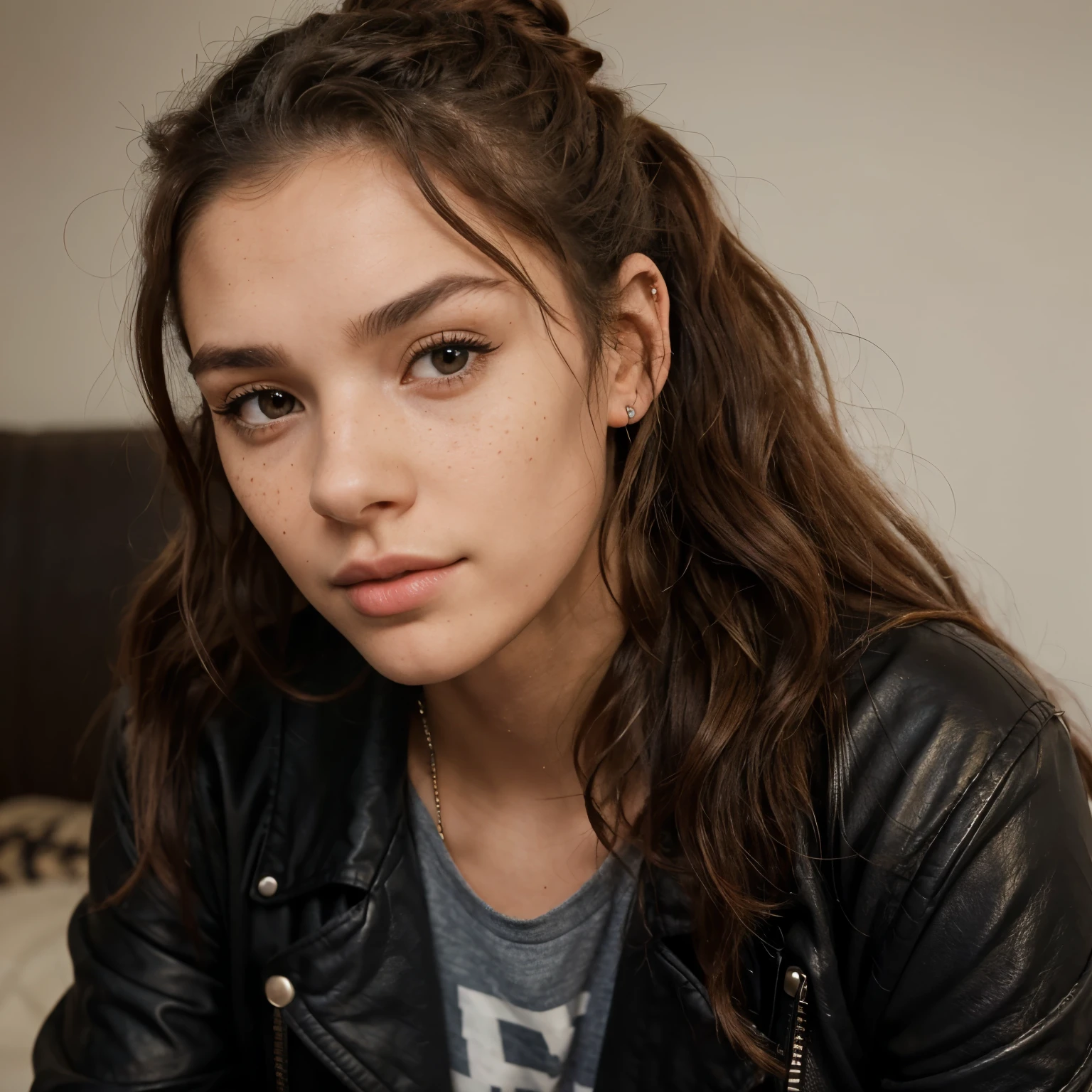 Women with androgynous face, nose piercing, small nose with freckles, freckles on the nose, pointy nose, small freckles, small lips pointy nose, perfect detailed face, facial piercings, cute freckles, piercing stare, thin button nose, buetifull, full-body view, young, attractive girl, attractive young woman, attractive woman, woman woth mullet, looking slightly, very attractive man, whetherd woman, buetifull woman, grunge looking woman, slightly tan skin, buetifull grown woman, grunge woman, wearing black leather jacket, long dark brown curly hair,  curly hair, latina, teen, hair tied up in a bun some strands of hair hanging lose, buetifull young, gorgeous,