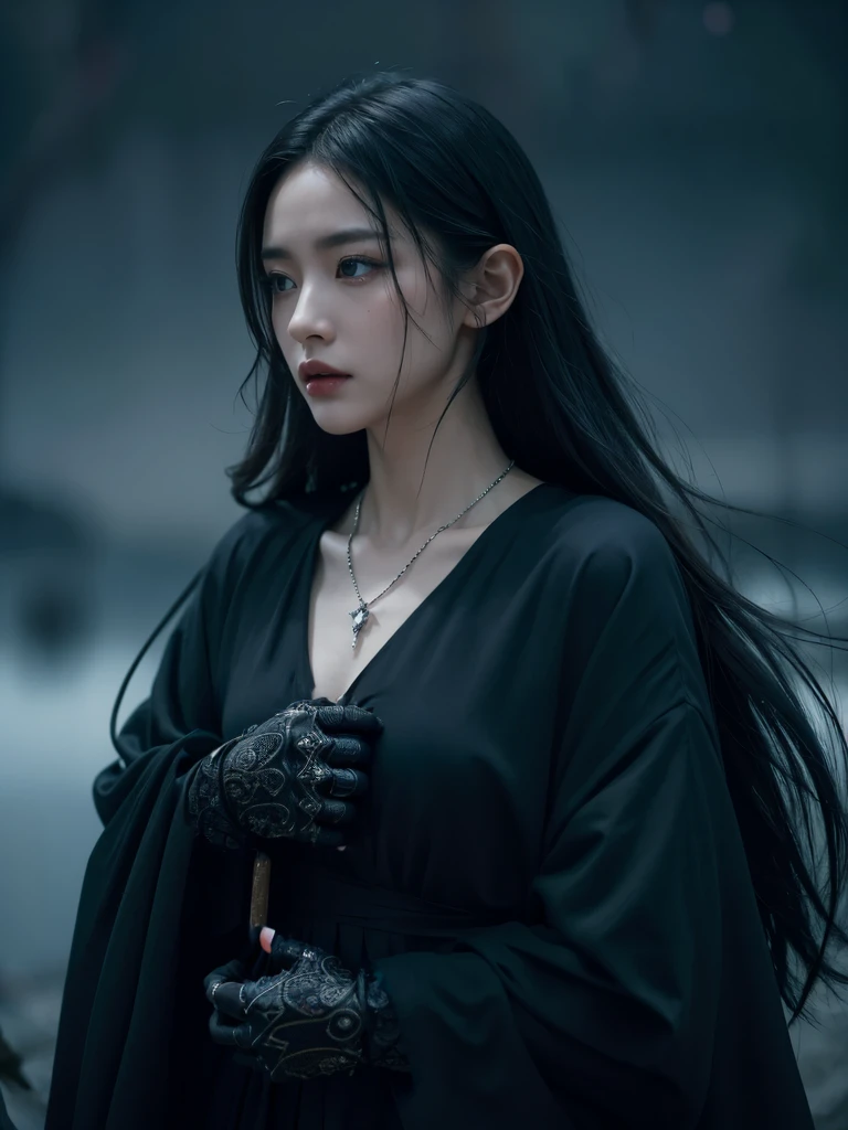 origin of humanity, Stand still., rick owen's clothes, rick owen, rick owen styls, underworld、A catastrophic world of death、Blood rain, long hair woman, Makeup reminiscent of the devil, A face that looks like that ; Remain silent., His eyes sparkled., black clothes, afraid, Dark circles under the eyes, Loneliness, ตายในhell, darkness, Stylish necklaces and accessories, A catastrophic world of death、hell、dust fluttering、powder, dark clouds, Loneliness, darkness, Stylish necklaces and accessories, land of death, end of the world, reminiscent of death, Floating debris、Devil face、world of the dead、Highly detailed facial and skin texture、 Detailed eyes、Double eyelids, Elaborate details, Masterpiece, Highest quality, Special details, masterpiece,best quality, Stills from dark fantasy films from 0s,(soothing color tones:1.5), Bokeh, (HDR:1.4),