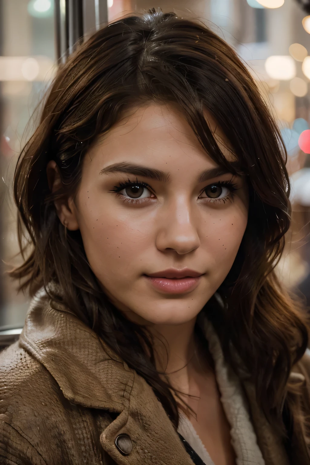Breathtaking cinematic photo of a 25 year old girl with brown hair and brown eyes, happy, cheerful expression, closed mouth, beautiful lips, intricate details, shallow depth of field, highly detailed, high budget, epic Hollywood film, gorgeous, masterpiece, award-winning, professional, highly detailed, detailed skin texture, (blush: 0.5), (goosebumps: 0.5). (the most beautiful woman in the world) (brown hair) (short curly hair, wild hair, stylish cut) thin face, thin nose, beautiful, very beautiful, perfect face, slender body (slender), (brown hair) (brown eyes ) (white skin) Beautiful body, western face, predatory eyes, pink lips, thick thighs. full body, western beauty, thin nose, beautiful, perfect, ((best quality)), ((ultra resolution)), ((photorealistic: 1.4)), (intricate details), perfect face, makeup: 1.5 , clear face, facial details. Captured in a vintage tram, the travel model takes a nostalgic ride through the historic district of Wilten. She's dressed in a classic winter coat, and the tram's windows frame the snow-covered streets and traditional Austrian architecture. The ambient lighting inside the tram adds a warm and charming touch to this unique winter experience.
