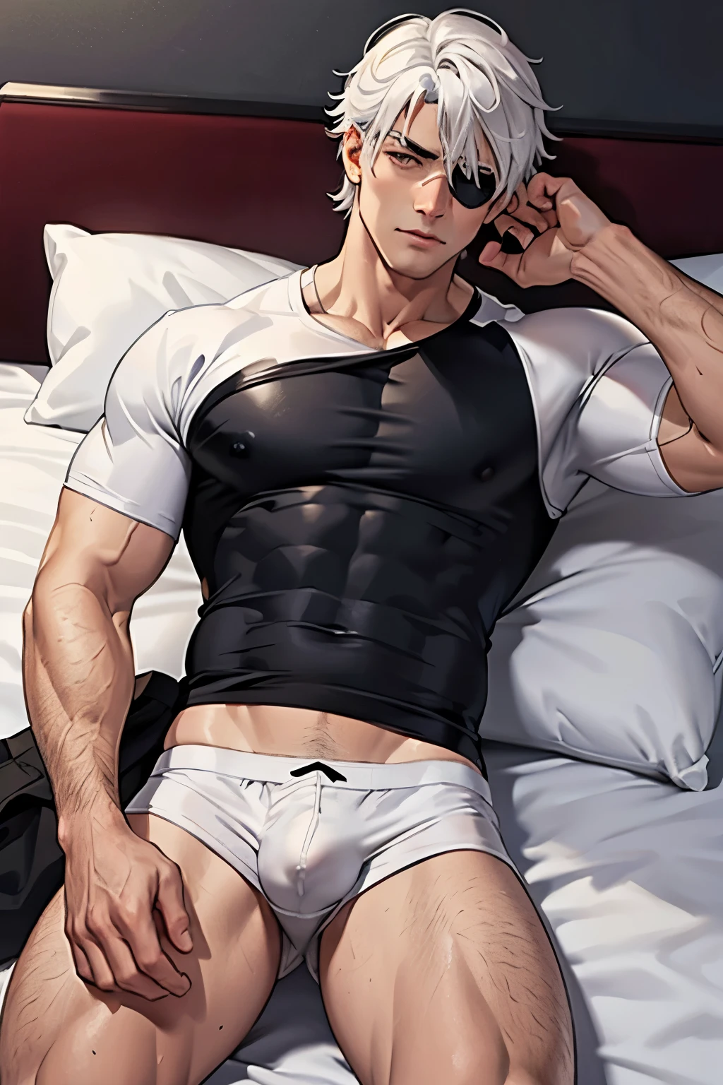 1 man, mature, white hair, serious expression, eyepatch on left eye, ((wearing underpants)), on the bed