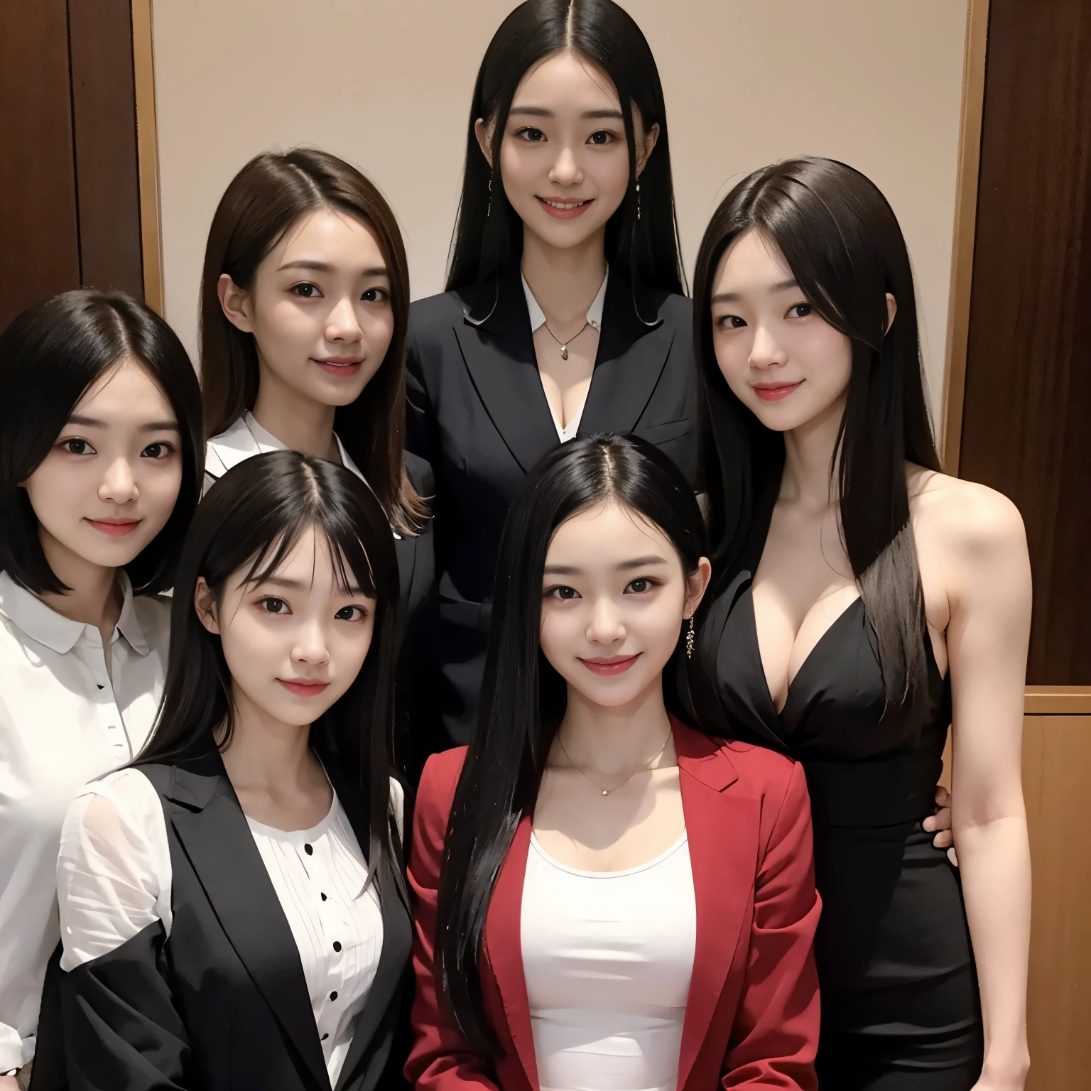 young black-haired Japanese、multiple women、 25 years old、Upper body view、suit figure、smile、slender body shape、