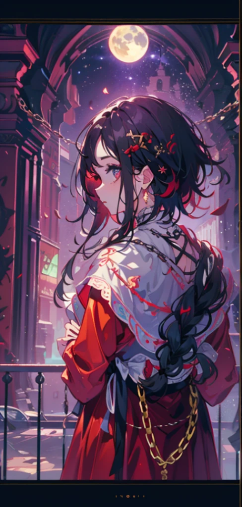 masterpiece, best quality, 1 boy, (rich and colorful),(And its delicate and beautiful eyes and delicate face),Half-length photo,Extremely detailed CG unified 8k wallpaper,black hair,short hair,braids,red eyes, alone,expressionless,simple clothes, chain, ruins, architecture, moon, night, Light, fantasy, magic style